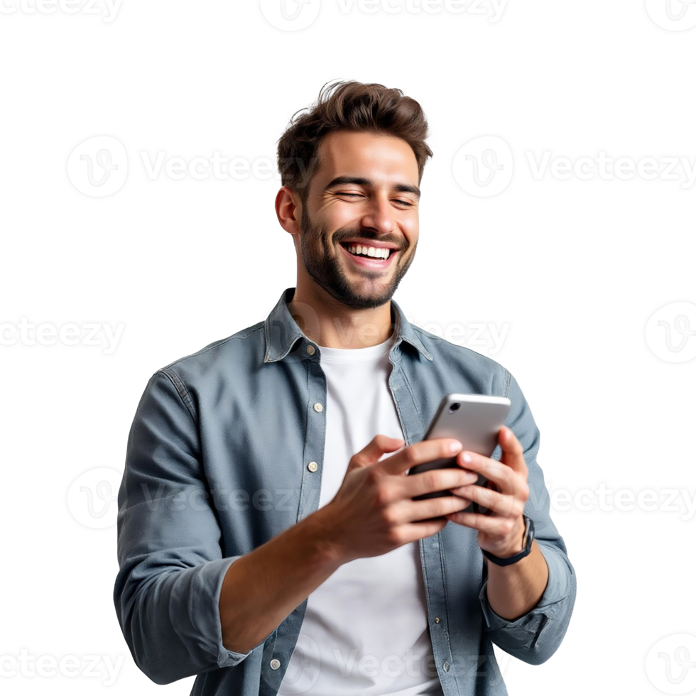 Happy Man Using Smartphone Engaging Expression On Transparent Background png