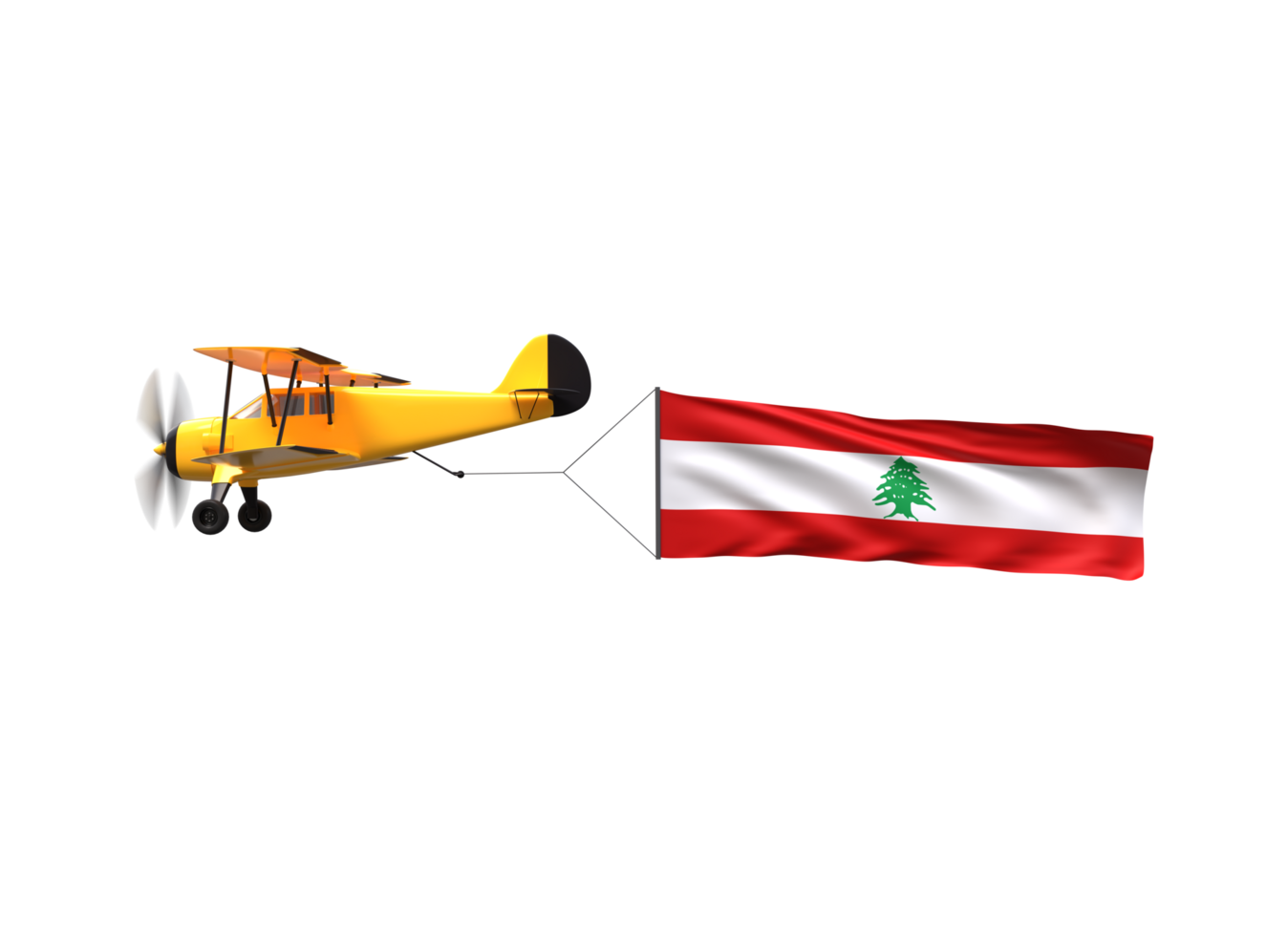 A yellow airplane flying with a flag of lebanon png
