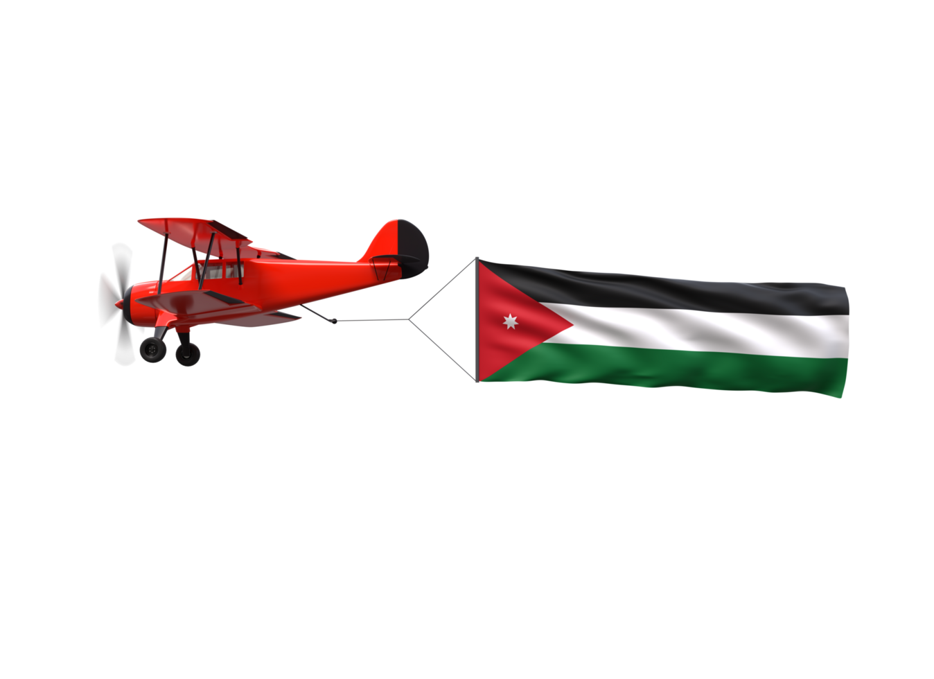 A red airplane with a jordan flag flying in the air png