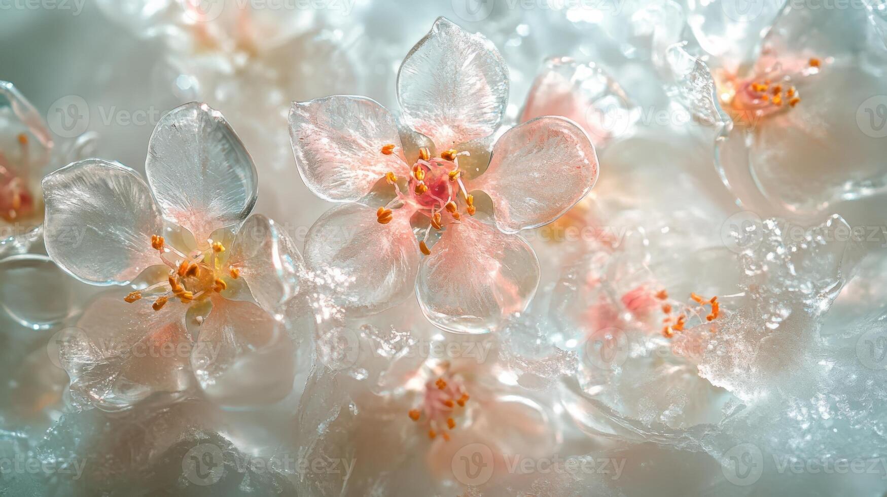 A delicate spring flowers encased in translucent ice, illuminated by bright sunlight streaming through the crystalline structures. photo