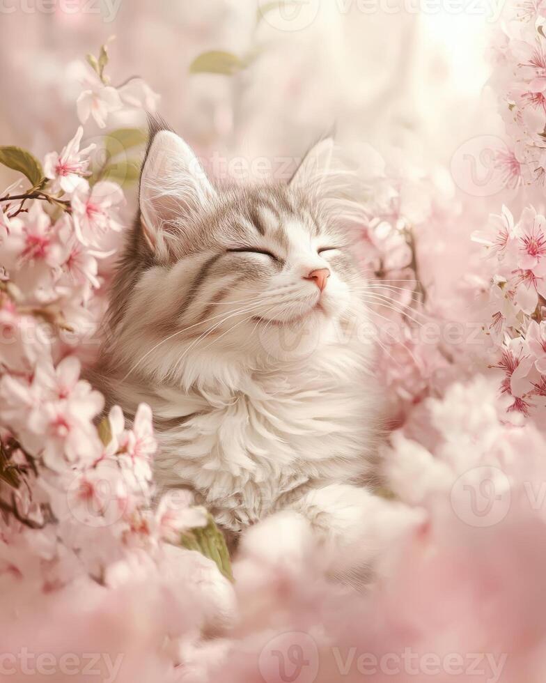 A charming happy kitty sits in spring blossom enveloped in a soft pastel pink haze. photo