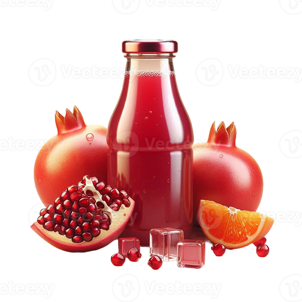 A bottle of juice next to a pomegranate png
