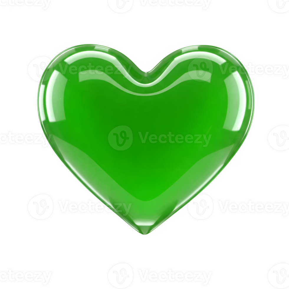 Shiny green heart. 3D glossy crystal clear glass on transparent background png