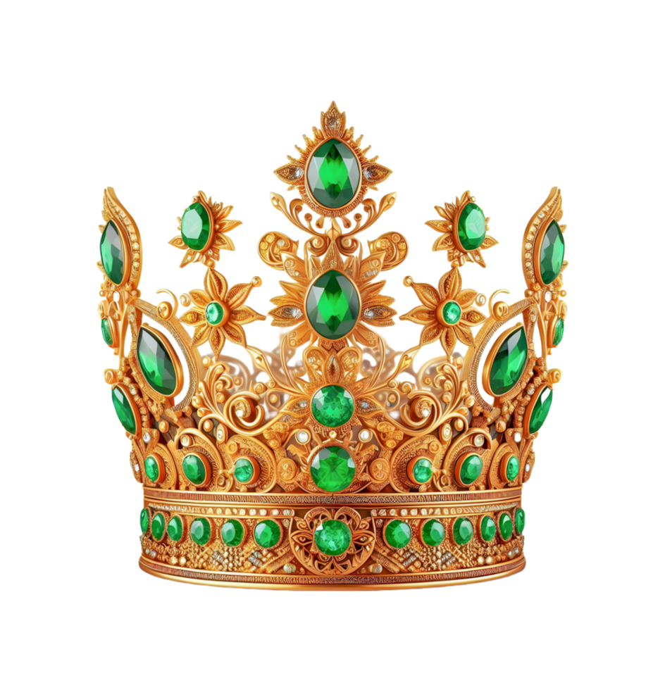 A gold crown with emerald stones on it png