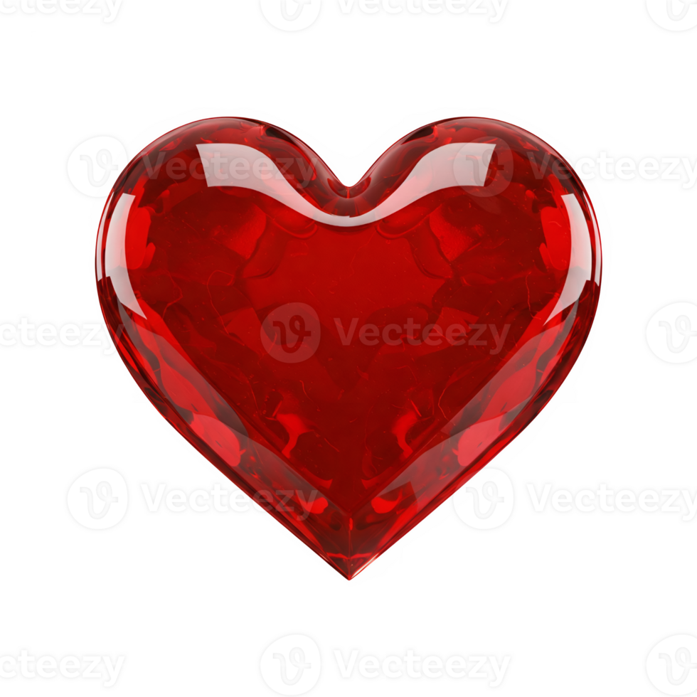 Shiny red heart. 3D glossy crystal clear glass on transparent background png