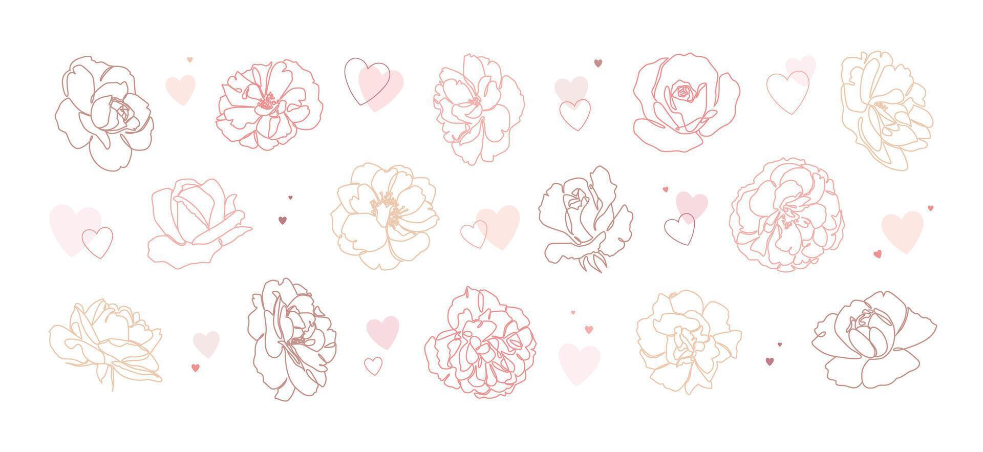 Collection of delicate and elegant flowers. Continuous line peony and roses with hearts on white background. For wedding invitations, greeting cards, or decorative prints vector