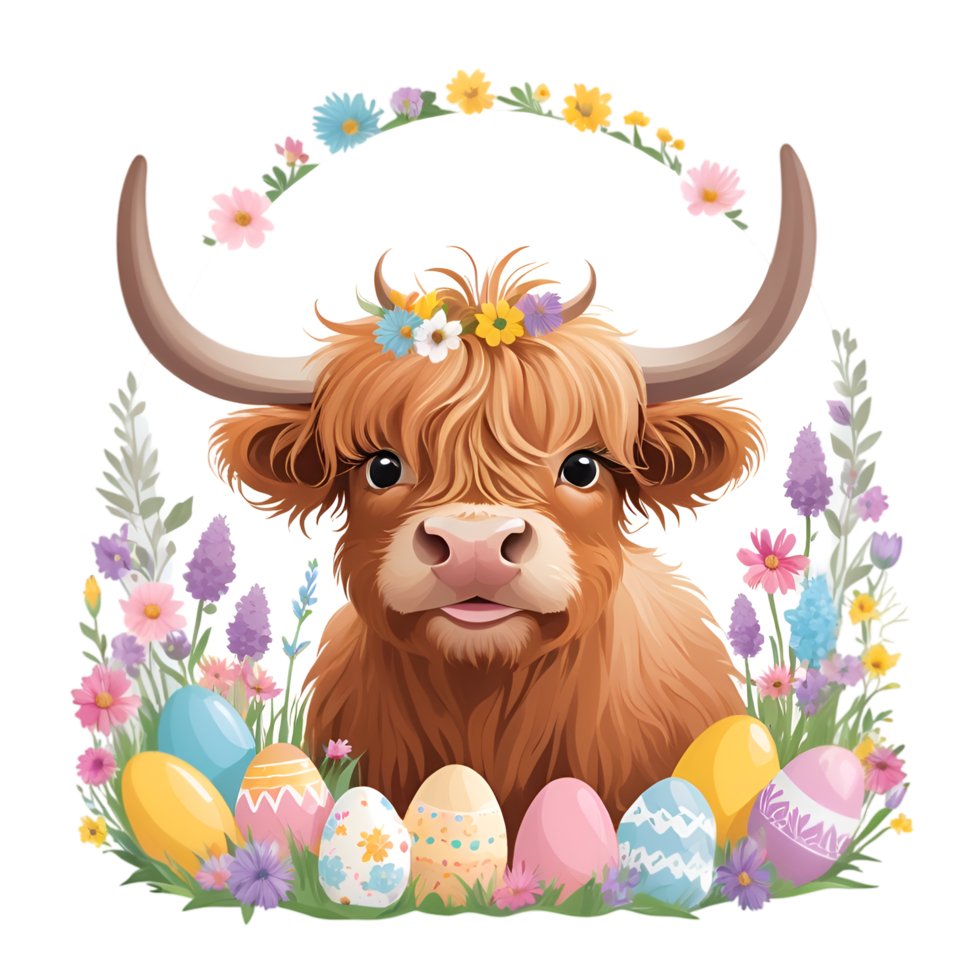 Highland cow with easter eggs png