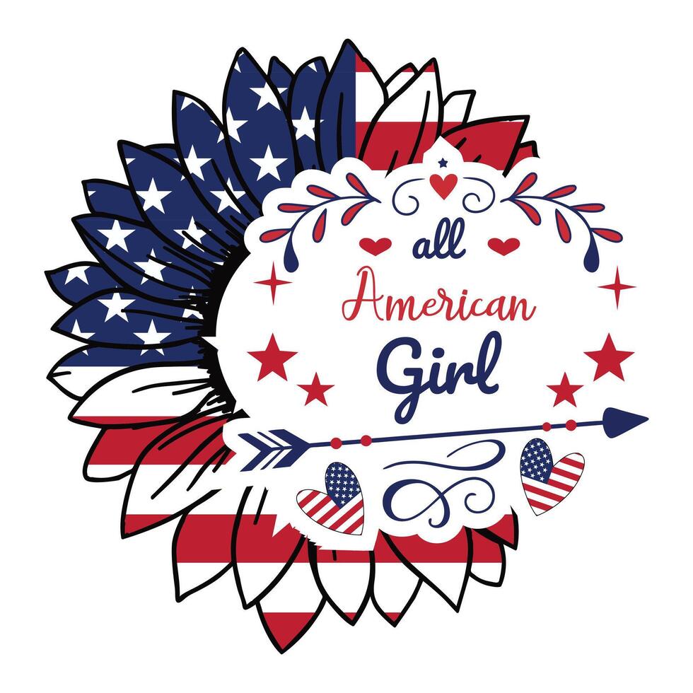 Bold Sunflower and American Flag Typography T-shirt for 4th of July vector