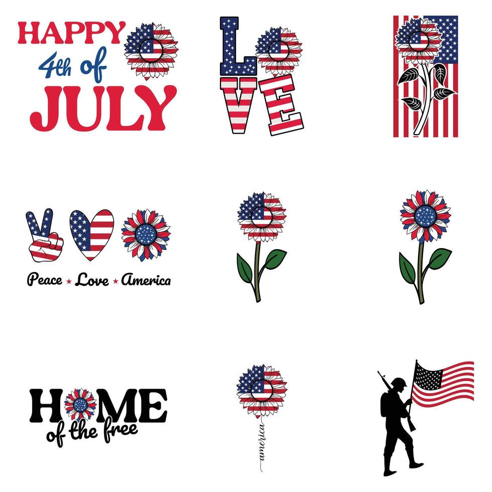 Set of Bold 4th of July T-shirt Featuring Sunflower and Flag Typography vector