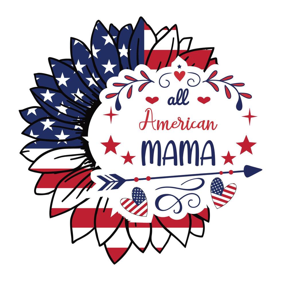 Sunflower 4th of July T-shirt with American Flag Typography Design vector