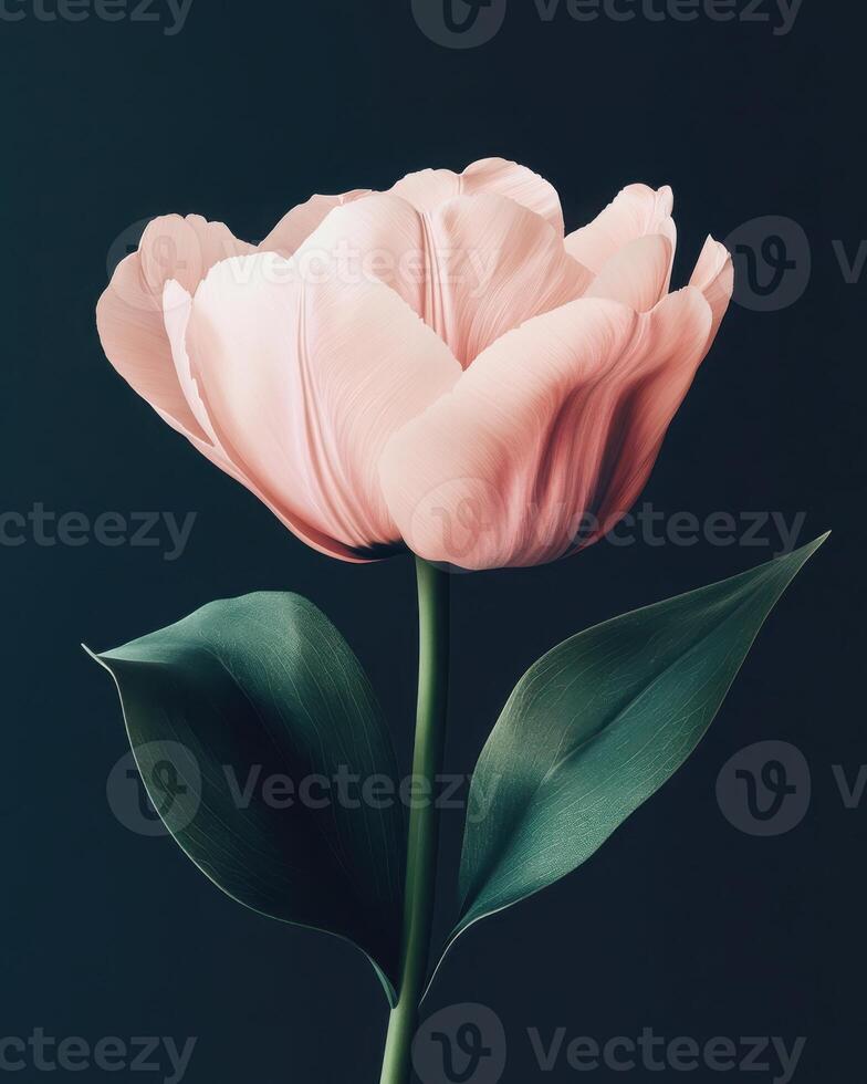 Tender pink Tulip flower on a minimalist dark green background. The composition emphasizes clean lines and a restrained color palette. photo