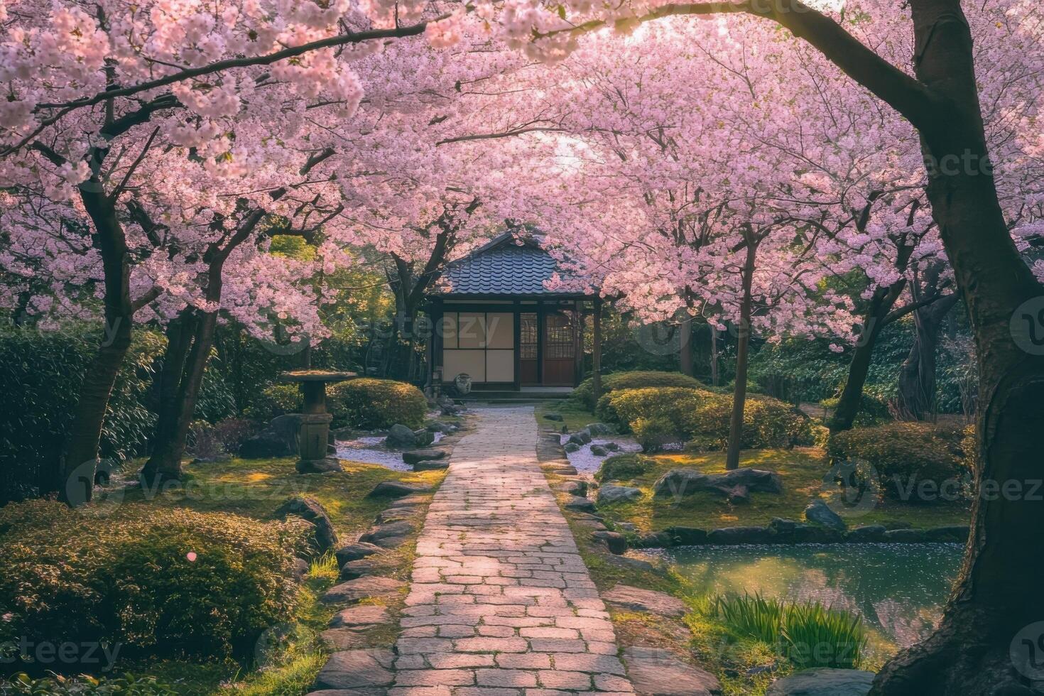 vibrant sakura trees in full bloom, their delicate pink petals fluttering in the gentle spring breeze. photo