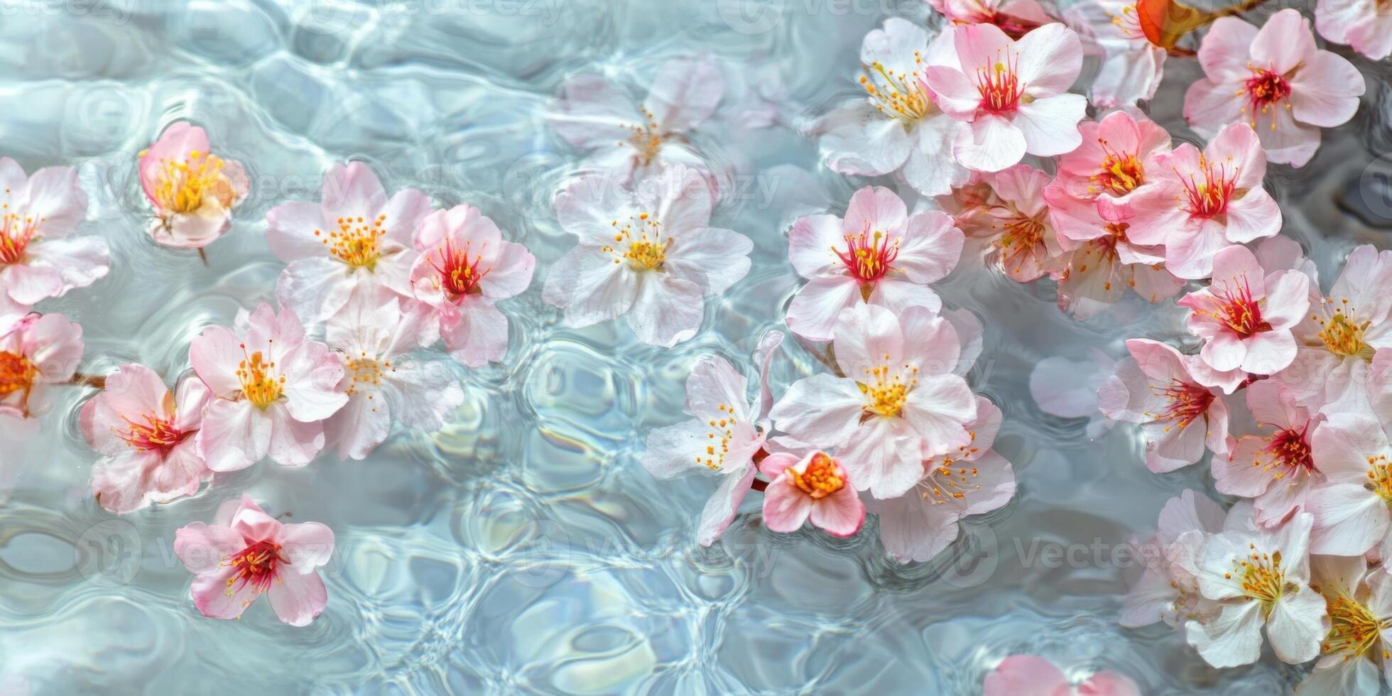 Light blue water background with a variety of spring sakura flowers some engulfed in the water. photo