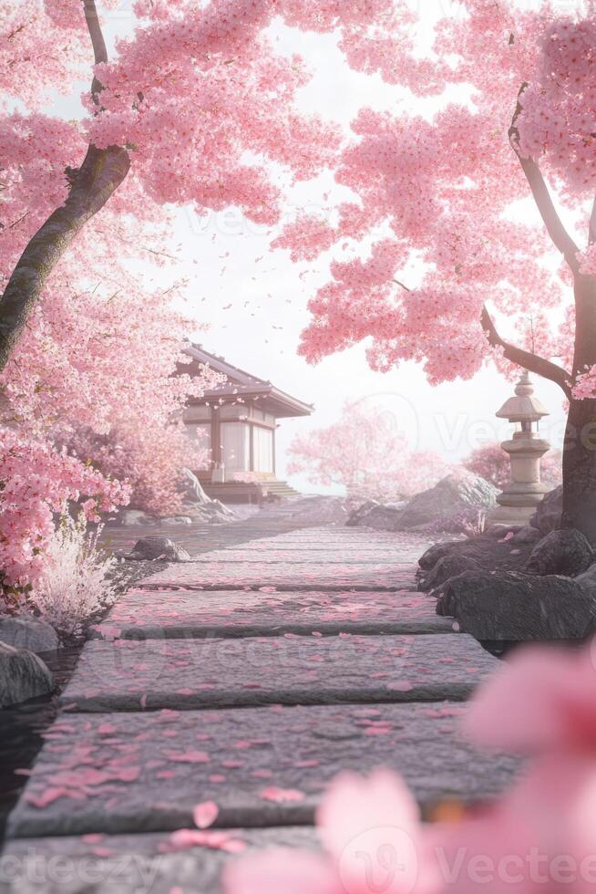 outdoor scene featuring vibrant sakura trees in full bloom, their delicate pink petals fluttering in the gentle spring breeze. photo