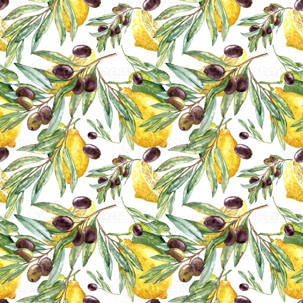 Textile jointless pattern with darck olive Twigs and Lemons in Watercolor png