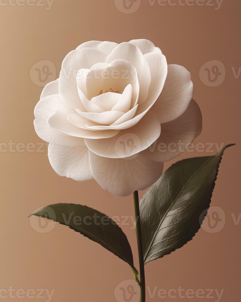 Tender camellia flower in a high fashion design. The composition with clean lines and a restrained color palette, highlighting the flower's natural elegance. photo