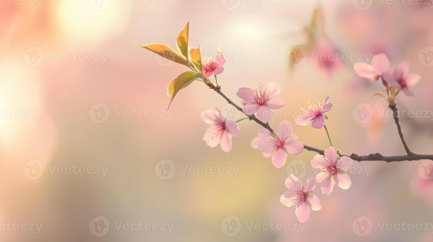 A delicate sakura branch with tender pink blossom in a serene spring atmosphere. A tranquil mood of renewal. photo