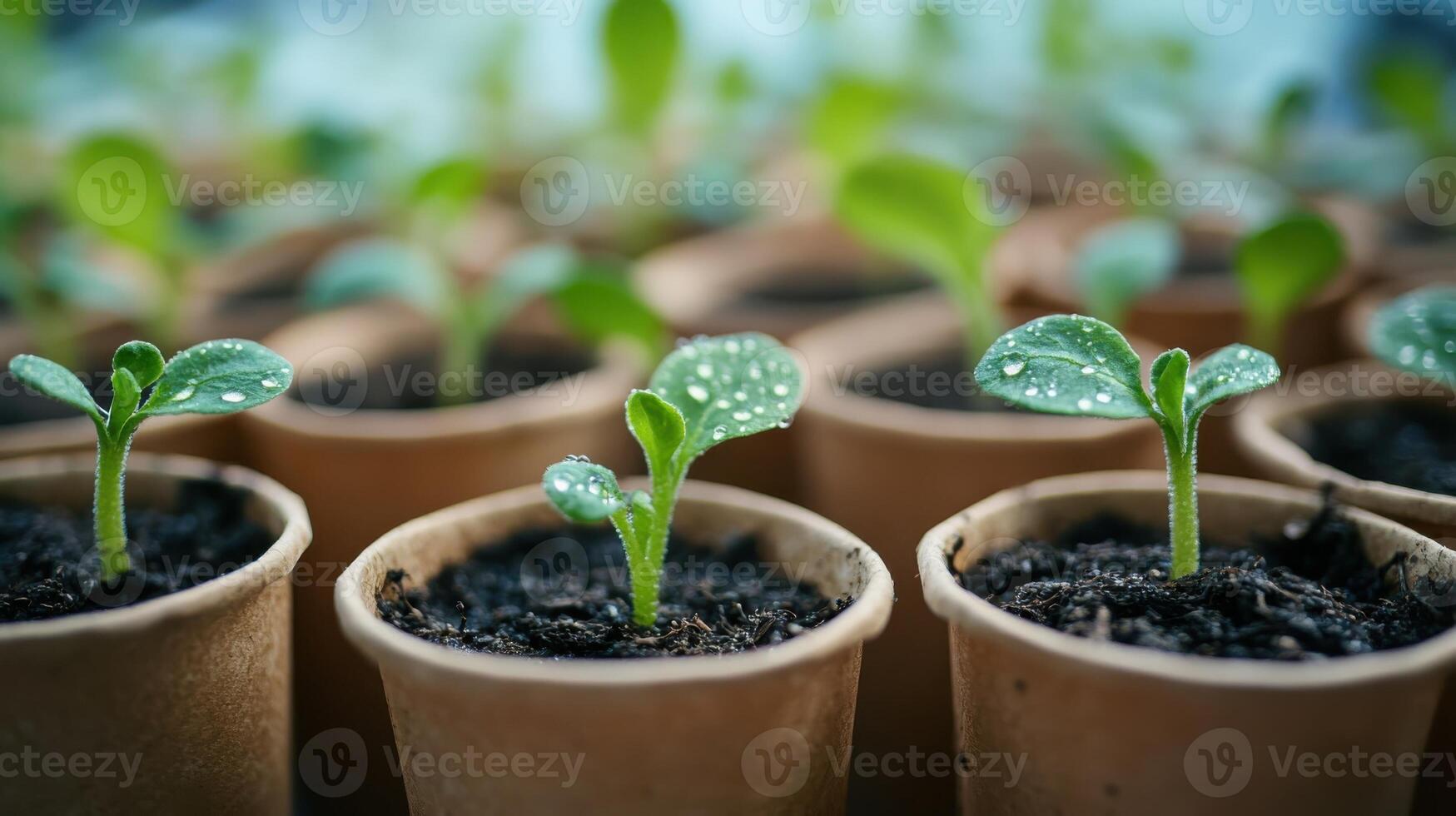 Green fresh sprouts of seedlings in paper cups with dew drops. Close up. Daylight. photo