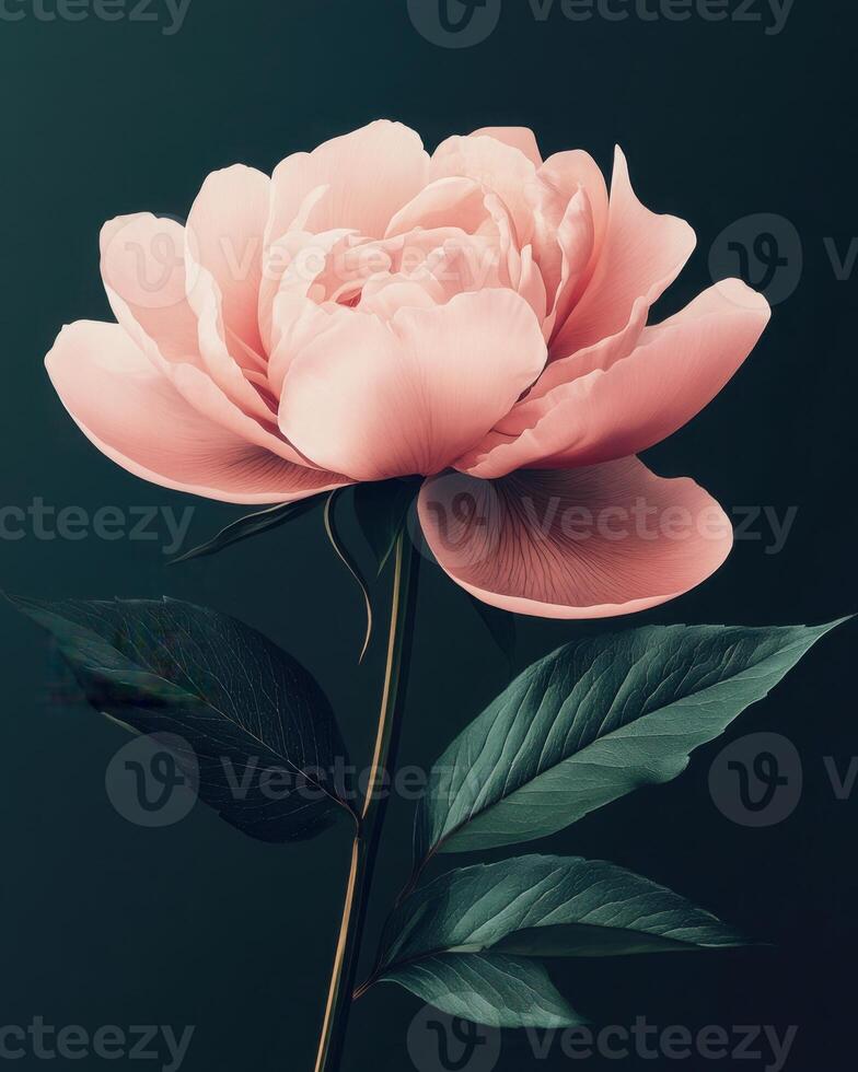 Tender Peony flower on a minimalist dark green background. The composition emphasizes clean lines and a restrained color palette. photo