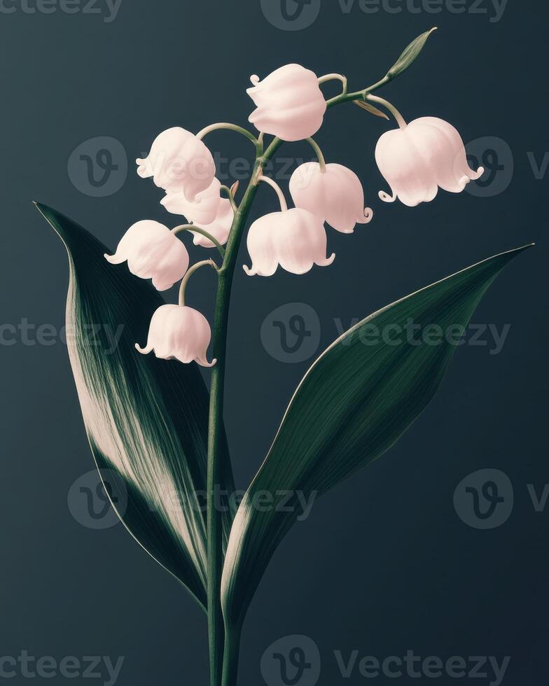 Tender Lily of the valley flower on a minimalist dark green background. The composition emphasizes clean lines and a restrained color palette. photo