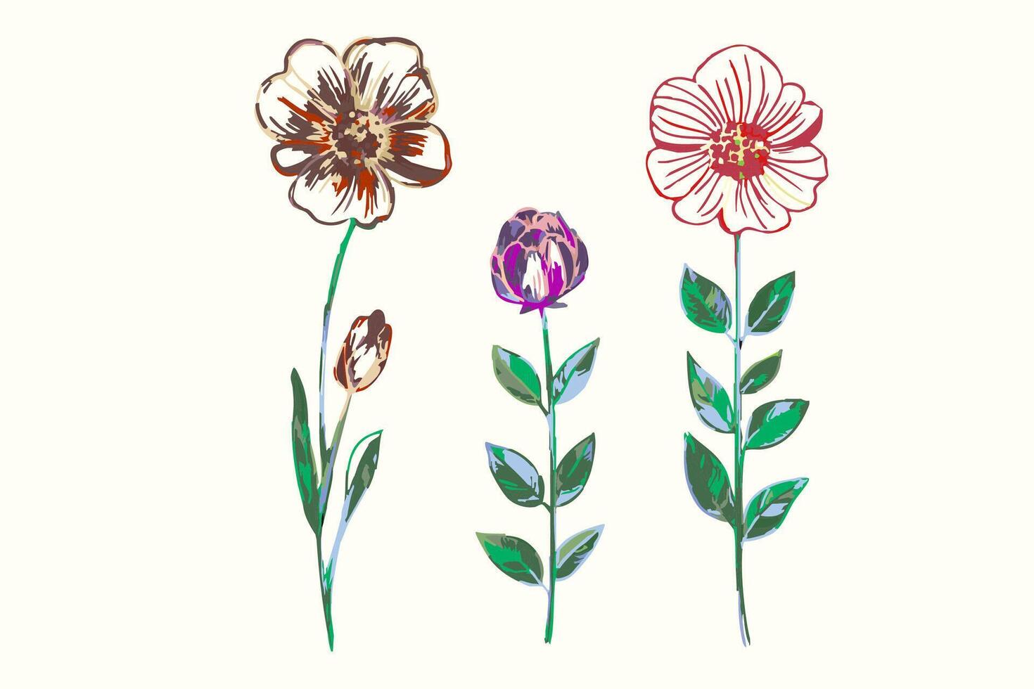 three bright chamomile and peony flowers on a beige background vector