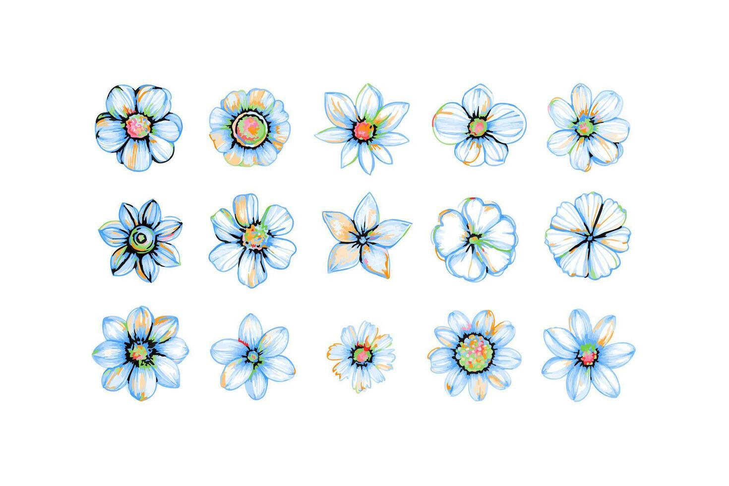 set of 15 small chamomile and ranunculus flowers vector