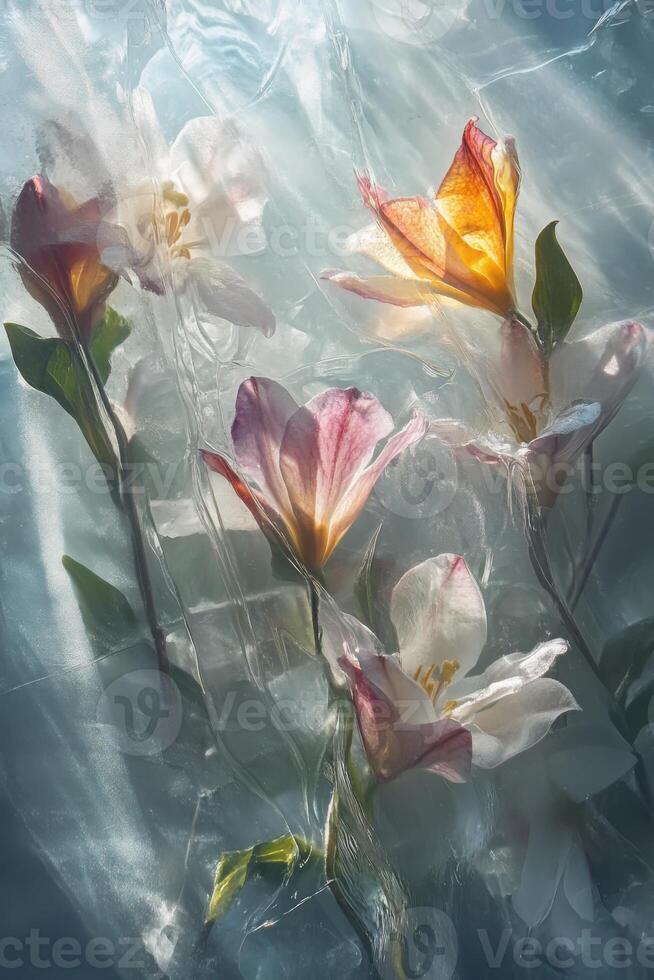 A tender spring flowers encased in translucent ice, with beams of light piercing through, creating a mesmerizing interplay of color and illumination. photo