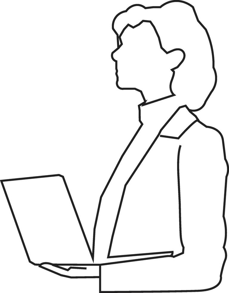 Business woman holding laptop. Continuous line style. Hand drawn. One line. vector