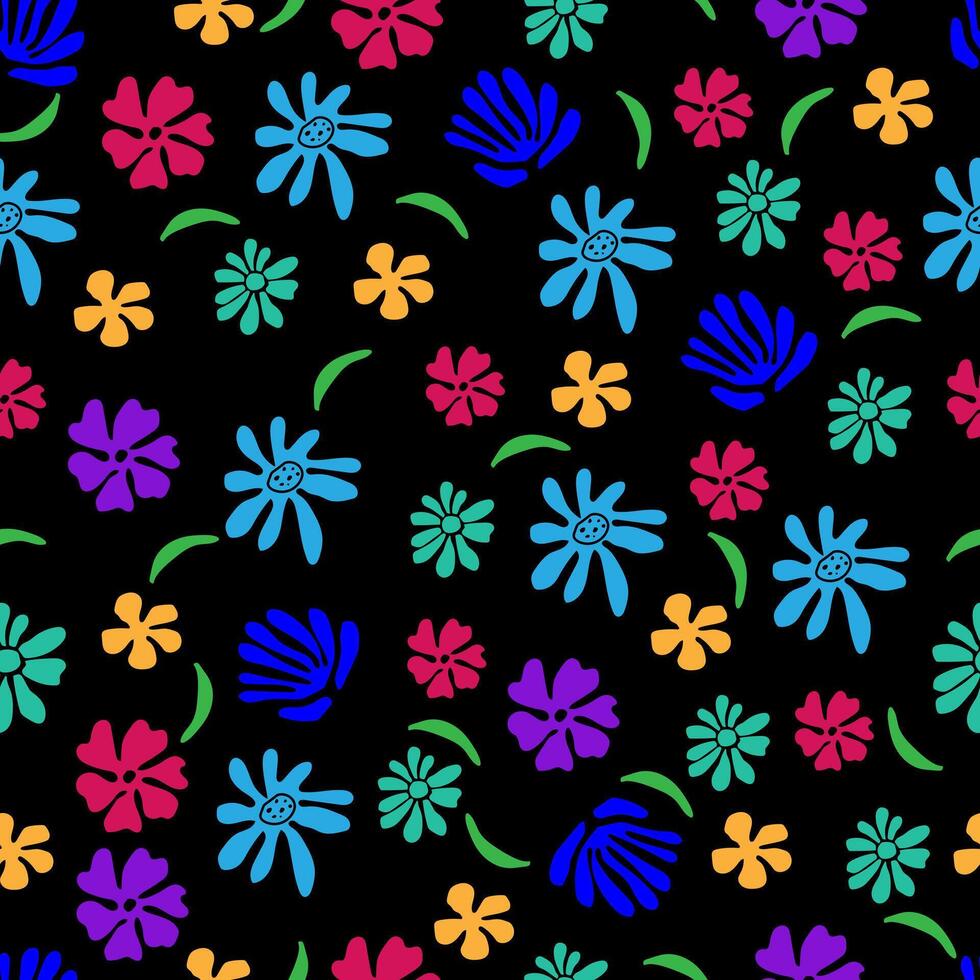 seamless pattern of various flowers on a black background vector