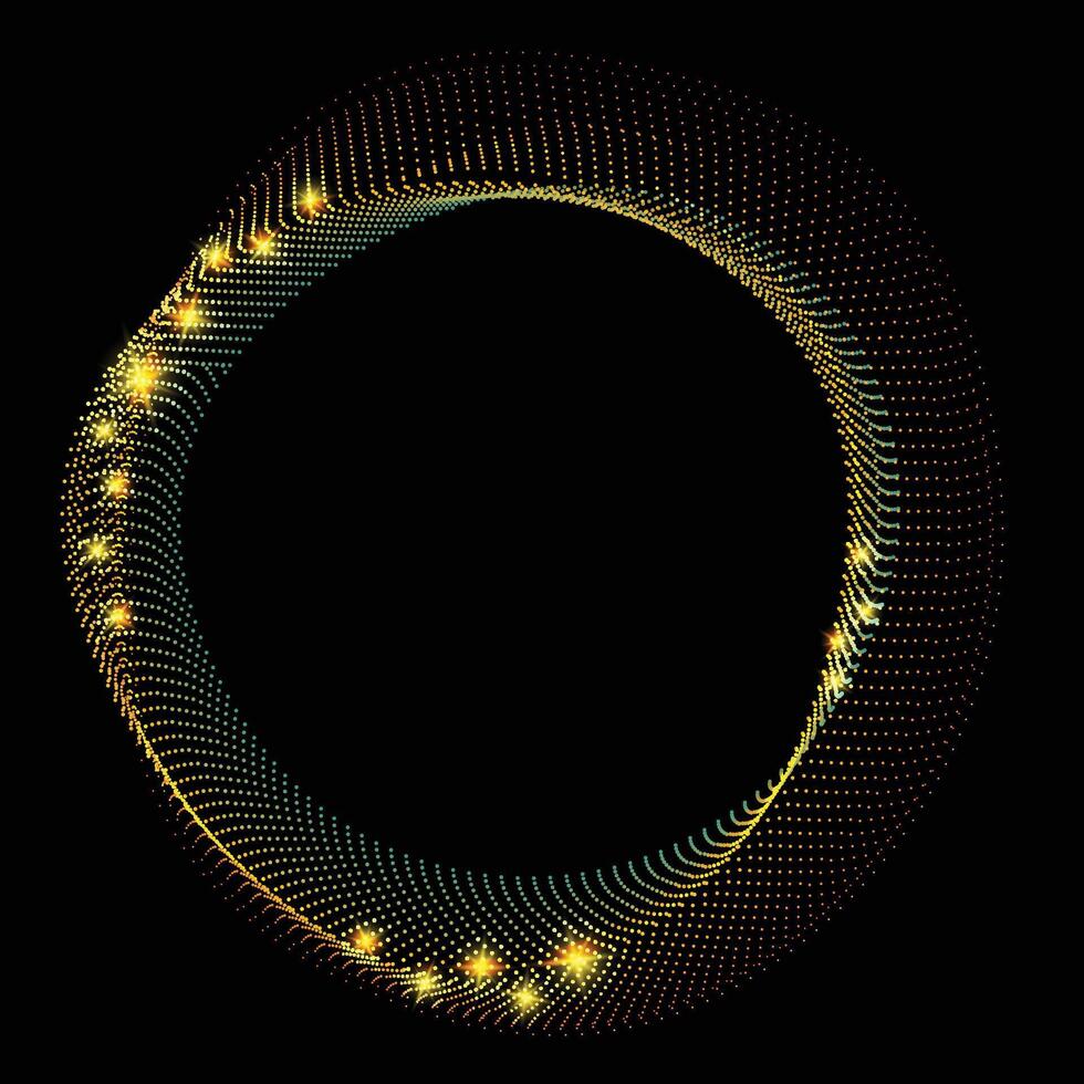 Flowing colorful round frame with dots, particles, wavy halftone gradient shape isolated on black background. Clip art concept of technology, science, music, modern. vector