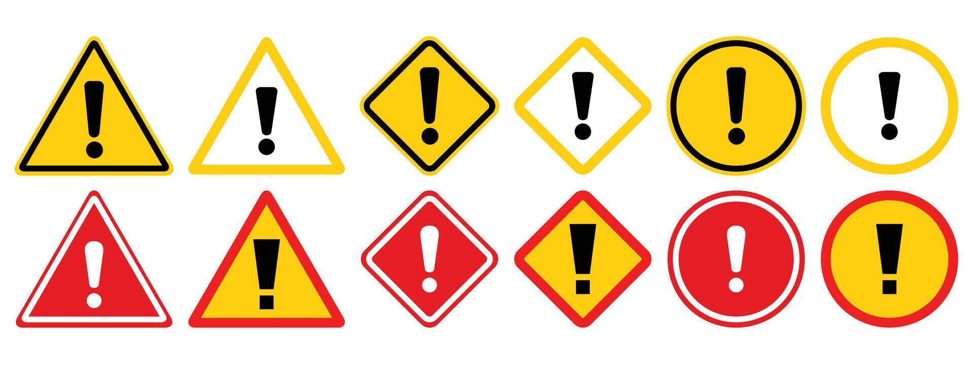 Caution warning signs set. Simple yellow and red stop road signs with exclamation sign. Attention symbol or icon collection. vector