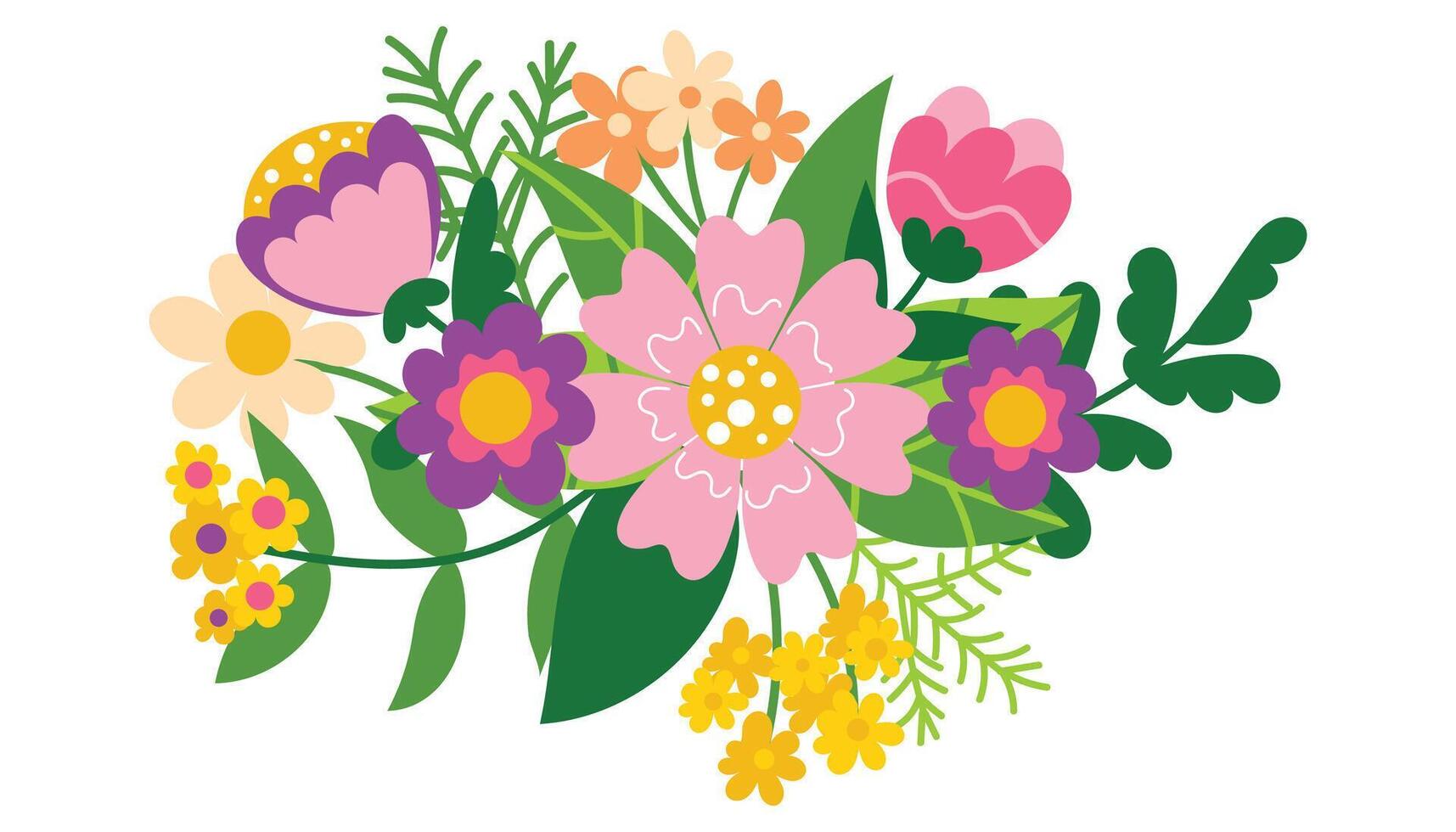 Bouquet composition of different spring and summer flowers isolated on white. Modern clip art for poster, postcard, banner, card and etc. Womens Day, Mothers Day. vector