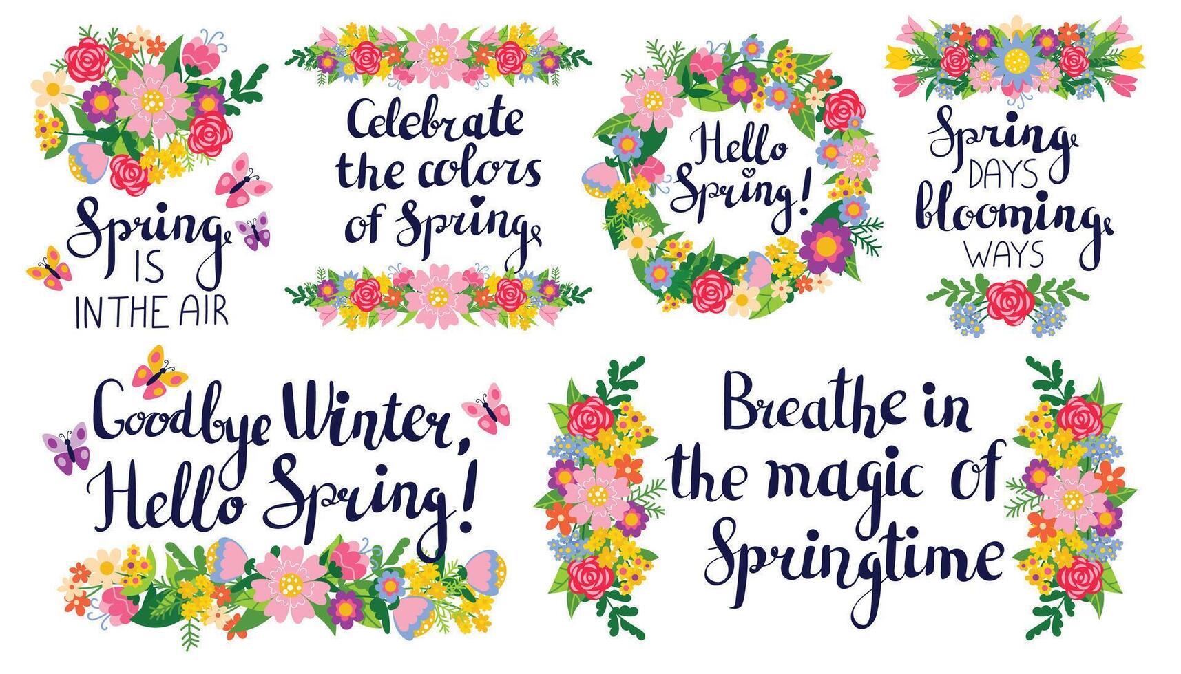 Cute collection of Spring lettering for cards or posters with bright floral compositions, wreaths, dividers, frames for Spring season. vector