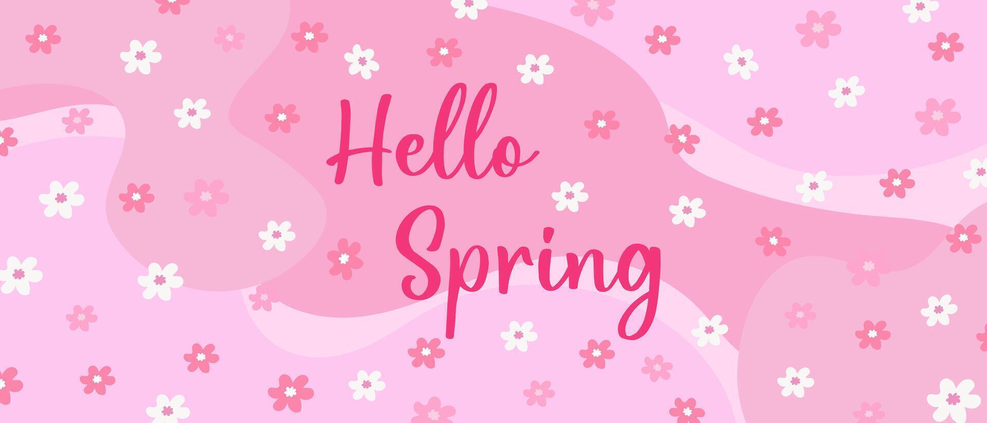 Hello spring, bright pink banner with delicate flowers. vector