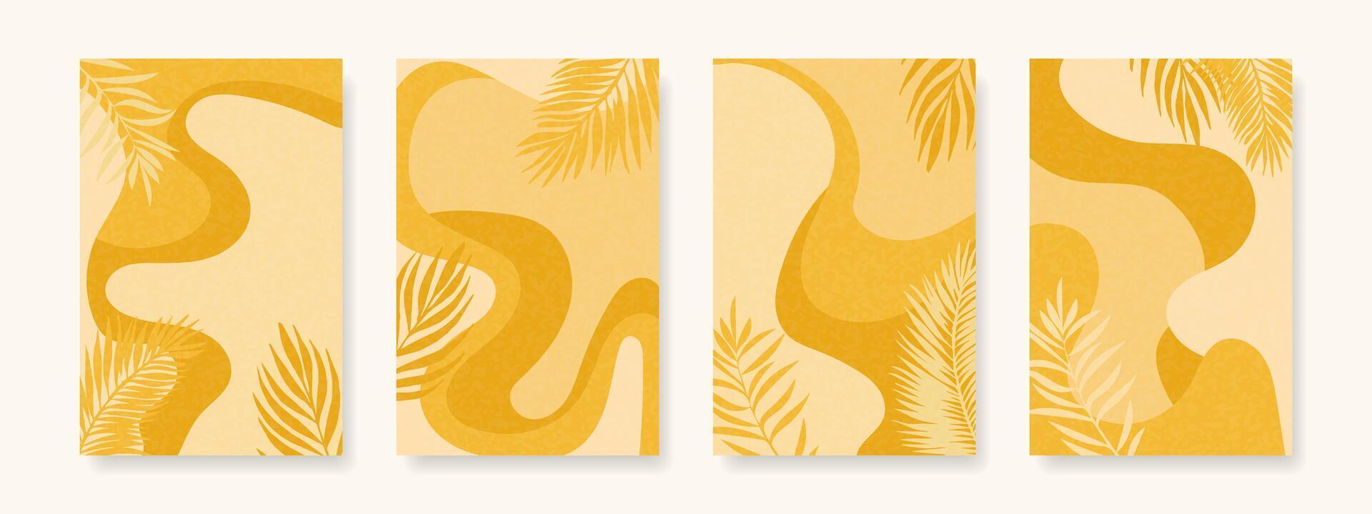 Tropical Gold Cover Set. Gold background with exotic leaves pattern. vector