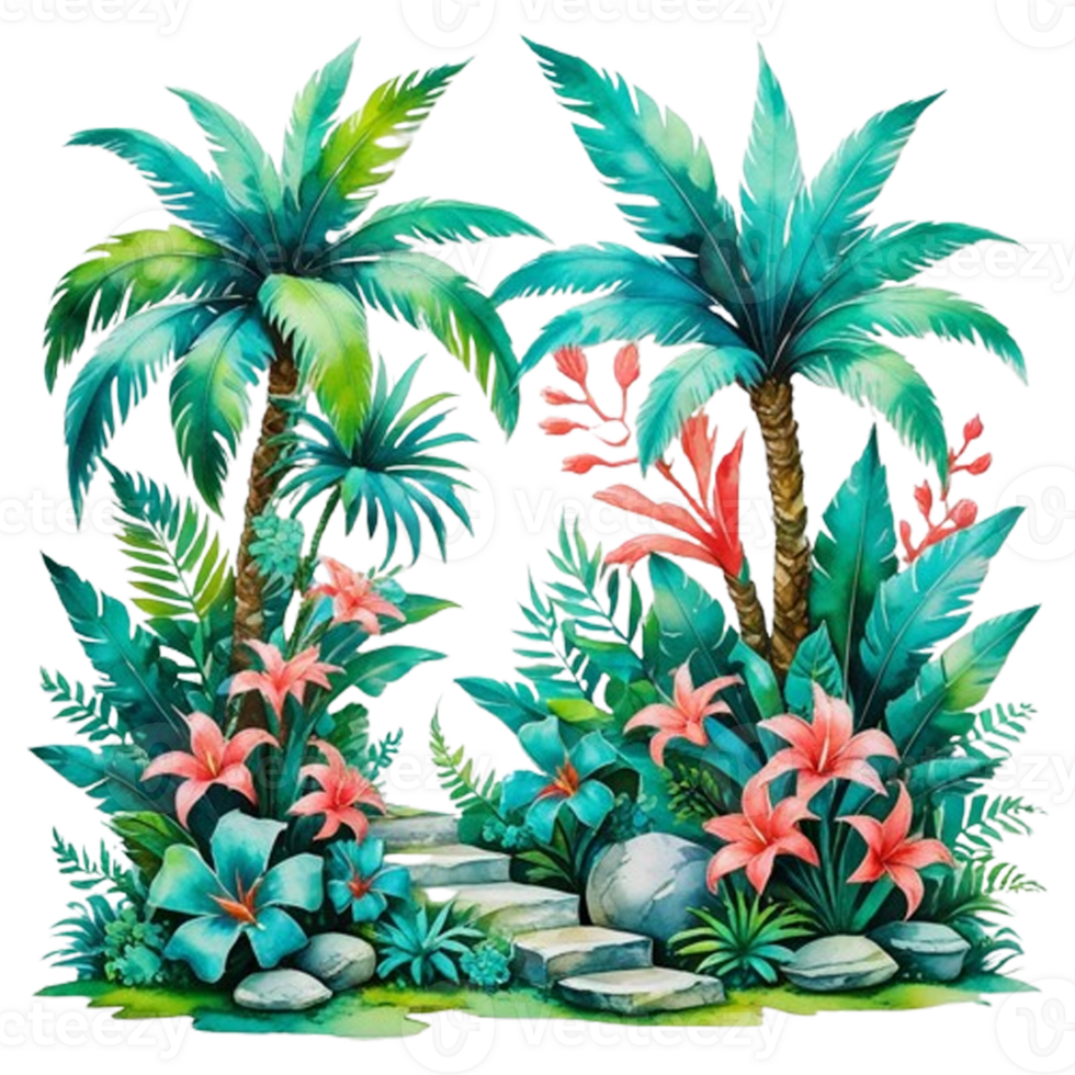 Water color tropical garden with bolder, stone, cutout . png