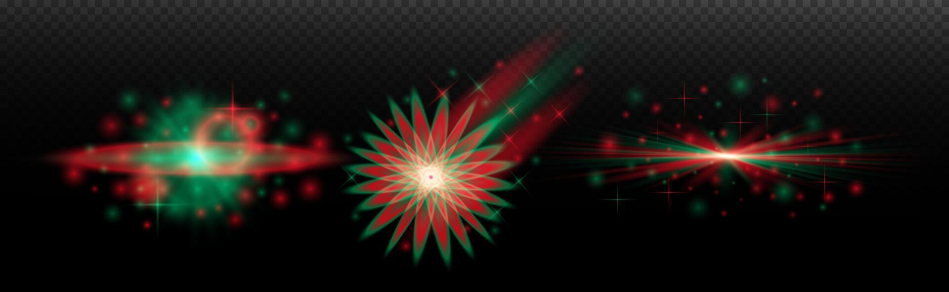 a set of three red and green fireworks vector