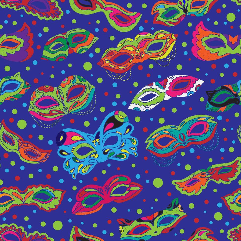 a colorful pattern of carnival masks on a blue background vector