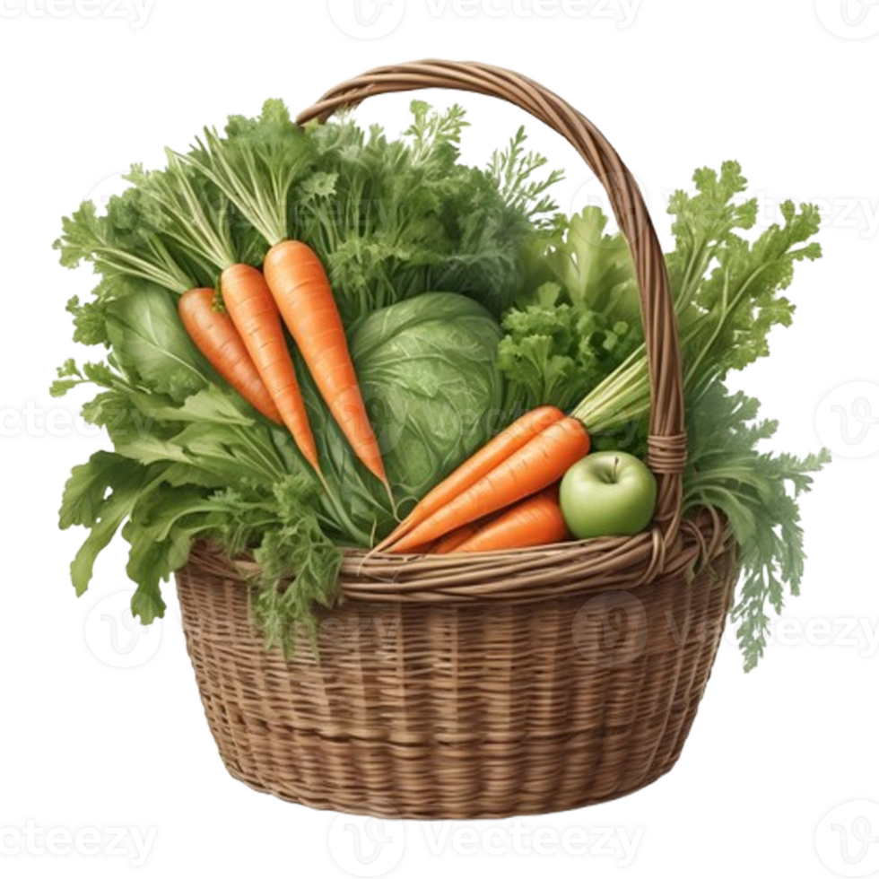 Illustrated wicker basket containing fresh carrots, leafy greens, and apple, representing healthy eating and fresh produce png
