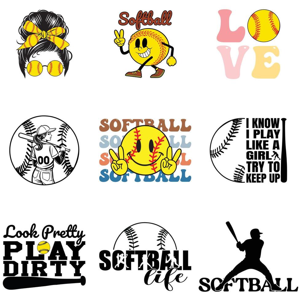 Softball Player T-shirt with Typography and Sports Art Bundle vector