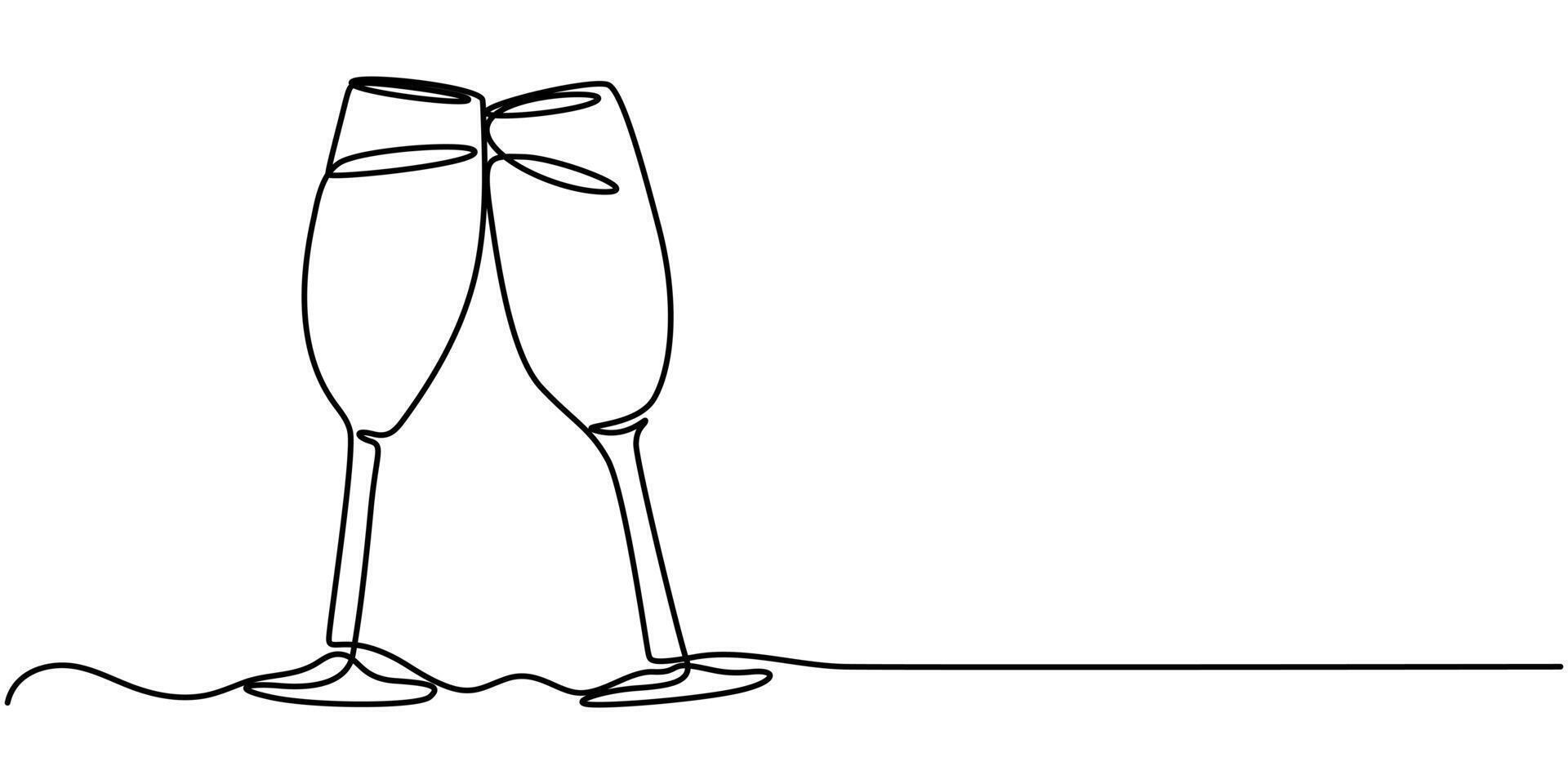 Two glasses of red wine in Continuous one line drawing champagne toast vector
