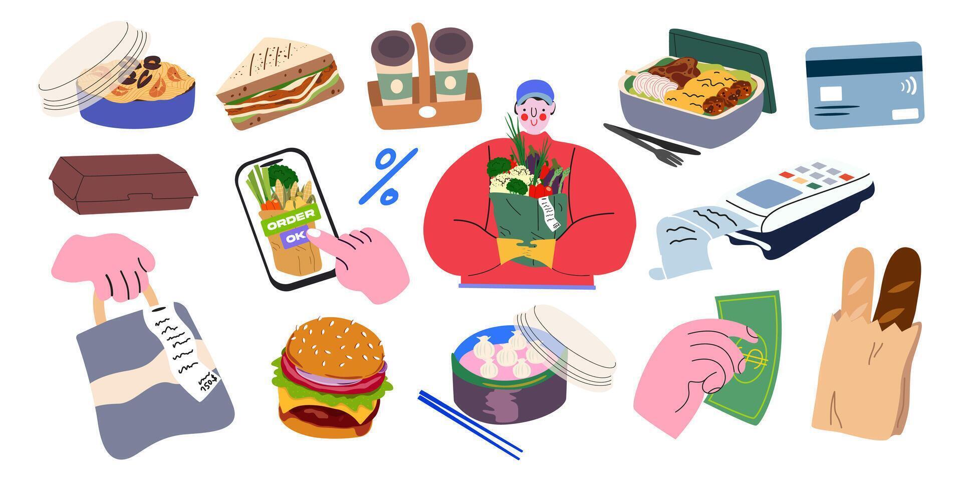 Icon collection of delivery food, takeaway lunch, payment methods, delivery service, courier service, packaging. Take out food to home. Food delivery cartoon retro stickers vector