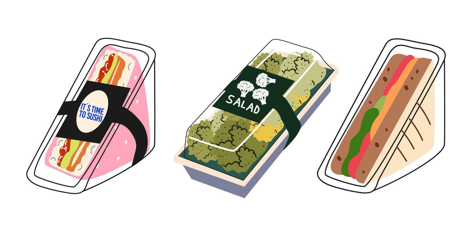 Healthy snacks and food delivery. Sandwich with vegetables, salad, broccoli, sushi burger with caviar and salmon. Plastic packs and containers for food to go. Flat illustration vector