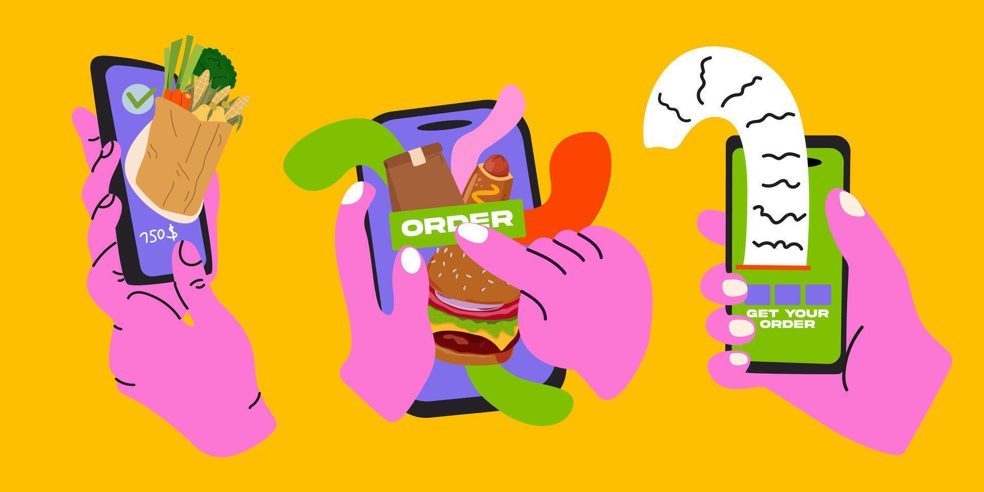 Abstract bright retro poster for website, banner or delivery site. Food delivery online service on mobile phone. Modern retro flat illustration vector