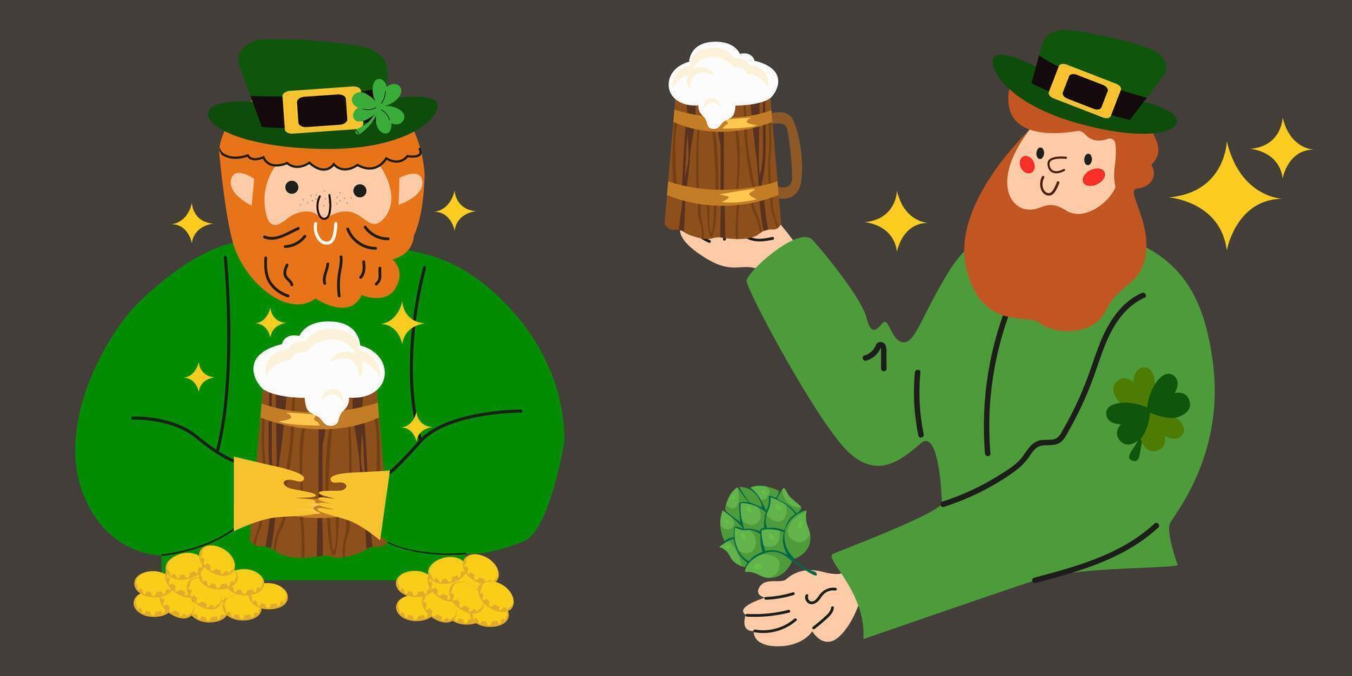 Saint Patricks day holiday. Irish mythology Leprechaun cartoon character. Joyful leprechauns in a green suit with a beer, coins and hop. Hand drawn illustration in retro style vector