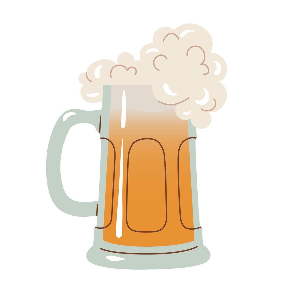 Beer mug. Glass mug full of beer, and foam. Beer pint flat illustration for pub or bar menu, party poster, banner. Flat illustration isolated on a white background. vector