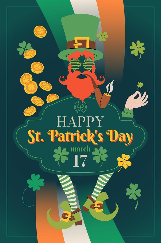St. Patrick's Day party banner, flyer, or invitation card design. Irish Patrick Day with a leprechaun in green hat, clover, Irish flag, coins, and lettering Happy St Patrick day. Flat illustration. vector
