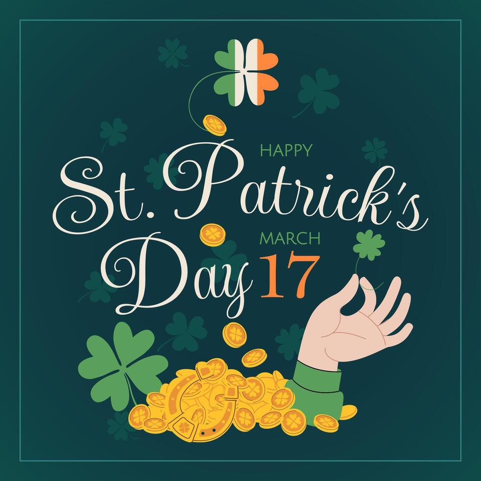 St. Patrick's Day design illustration. Irish holiday square banner, flyer, or party invitation card with leprechaun treasures, coins, lucky four-leaf clover, and lettering Happy St Patrick day vector