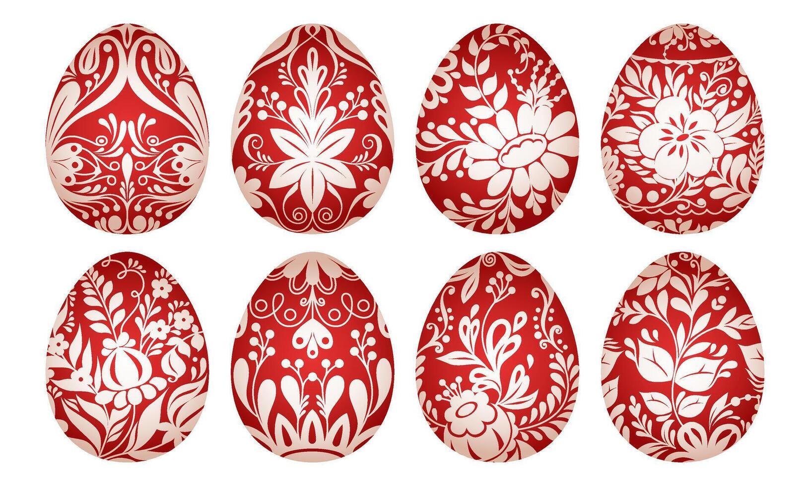 Easter eggs. Set of traditional red decorative eggs with floral patterns. Folk ethnic illustration isolated on white. Happy easter hand painted eggs with flower decoration for spring holiday. vector