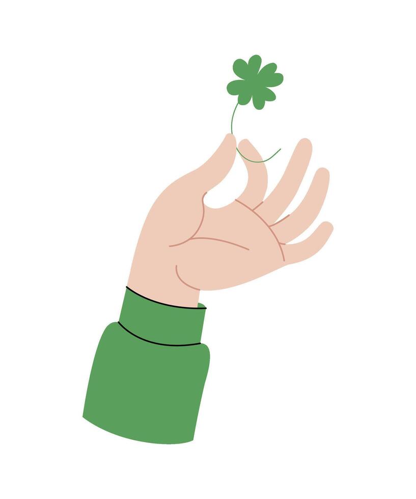 Hand holding clover leaf luck symbol. Hand drawn arm with green fortune four-leaf clover for good luck. Traditional Irish symbol of St. Patrick. Flat illustration isolated on white background. vector